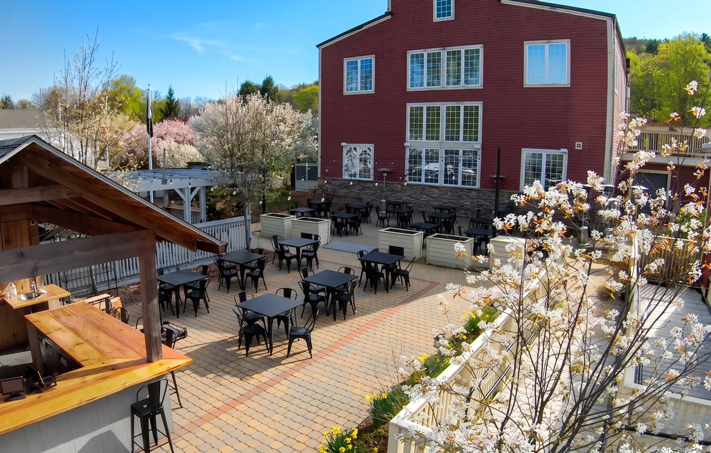 Exhibit A Brewing Company brewery and tavern in Williamsburg, outdoor area in front of brew barn