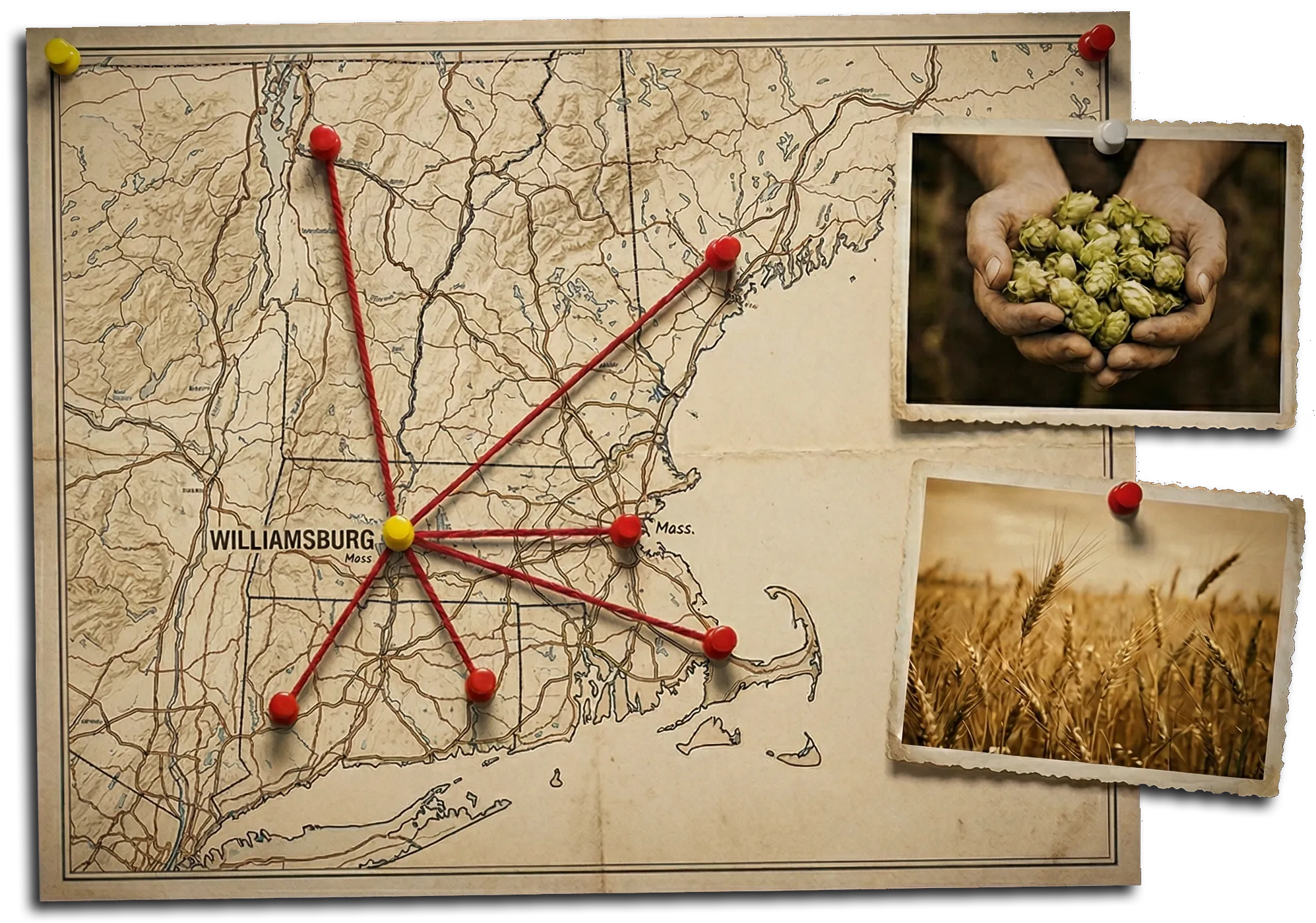 Ingredient sourcing map showing connections from Williamsburg to local farms